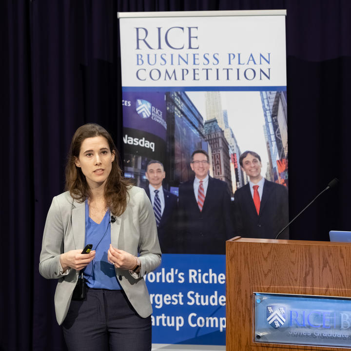 Woman pitching at 2019 Rice Business Plan Competition